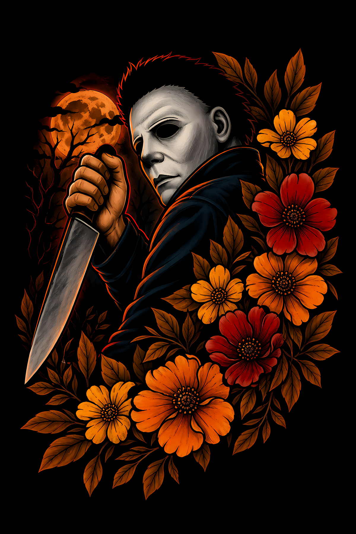 Halloween 051 - Michael Myers Floral - Halftone DTF Transfer - Prints best on darks