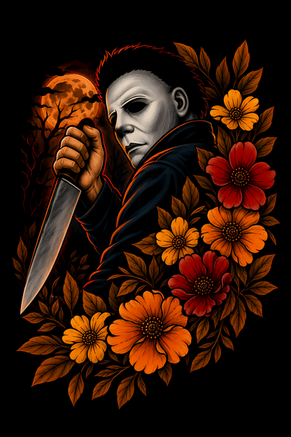 Halloween 051 - Michael Myers Floral - Halftone DTF Transfer - Prints best on darks