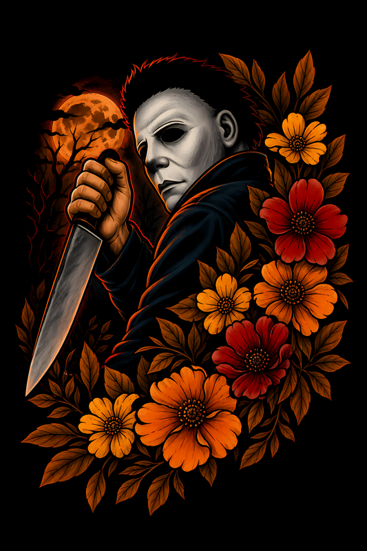 Halloween 051 - Michael Myers Floral - Halftone DTF Transfer - Prints best on darks