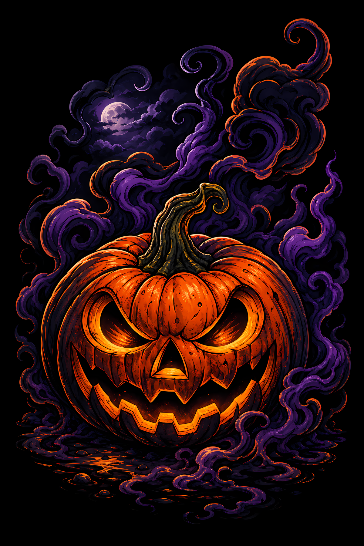 Halloween 053 - Pumpkin in Purple Smoke - Halftone DTF Transfer - Prints best on darks