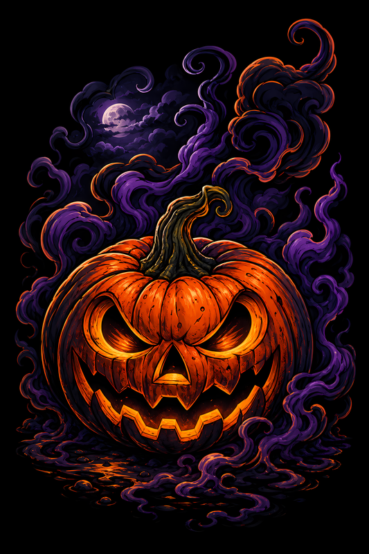 Halloween 053 - Pumpkin in Purple Smoke - Halftone DTF Transfer - Prints best on darks