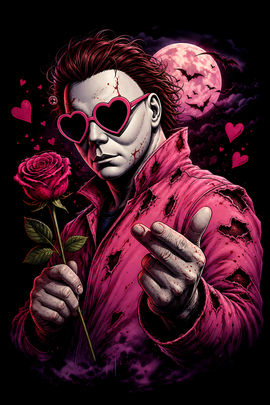 Halloween 054 - Michael Myers with Pink Hearts - Halftone DTF Transfer - Prints best on darks