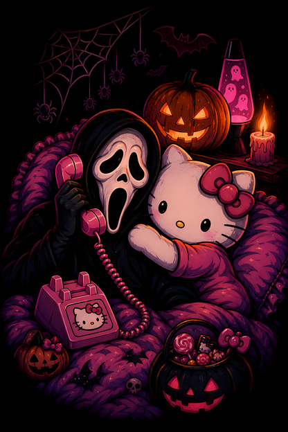 Halloween 055 - Ghostface and Hello Kitty - Halftone DTF Transfer - Prints best on darks