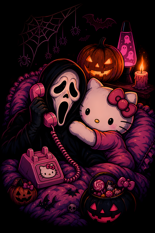 Halloween 055 - Ghostface and Hello Kitty - Halftone DTF Transfer - Prints best on darks