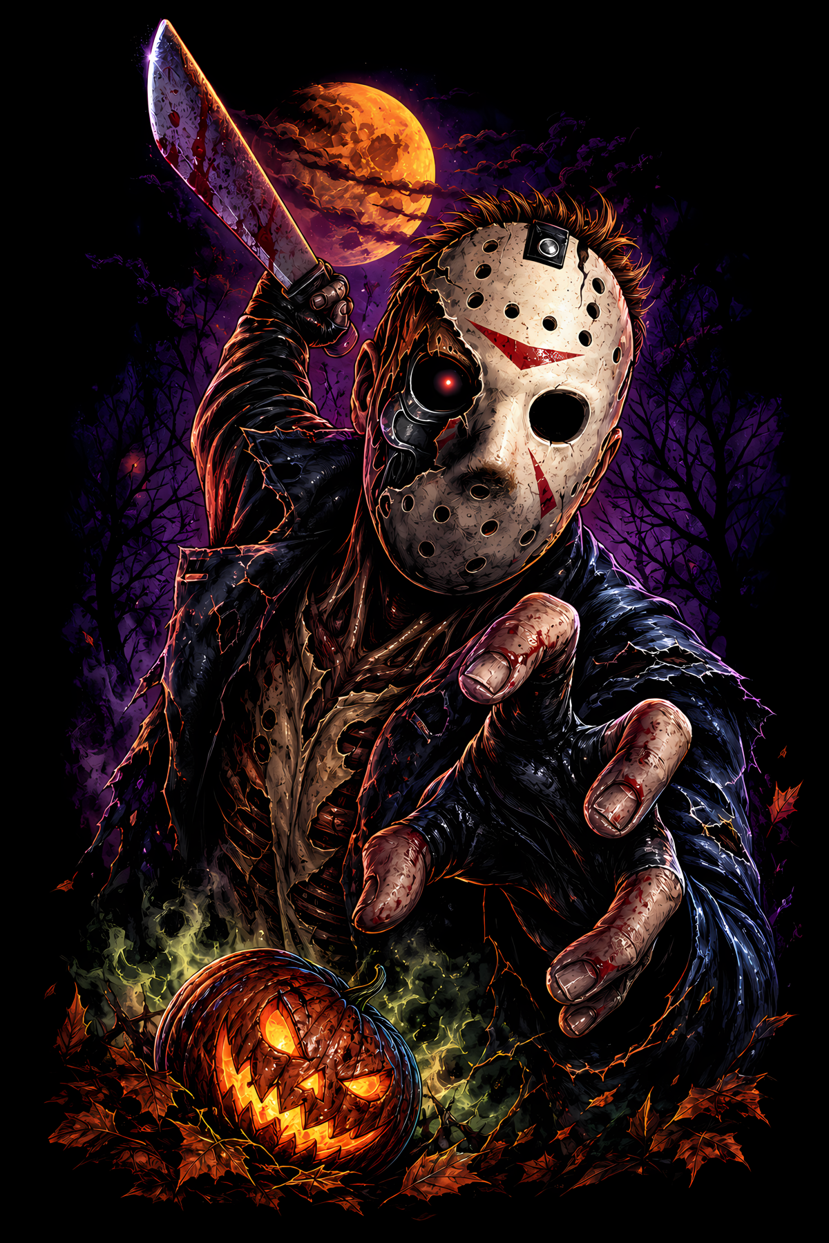 Halloween 056 - Jason Voorhees under Orange Moon - Halftone DTF Transfer - Prints best on darks