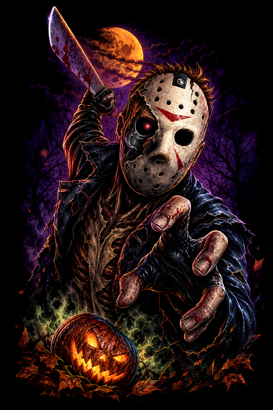 Halloween 056 - Jason Voorhees under Orange Moon - Halftone DTF Transfer - Prints best on darks