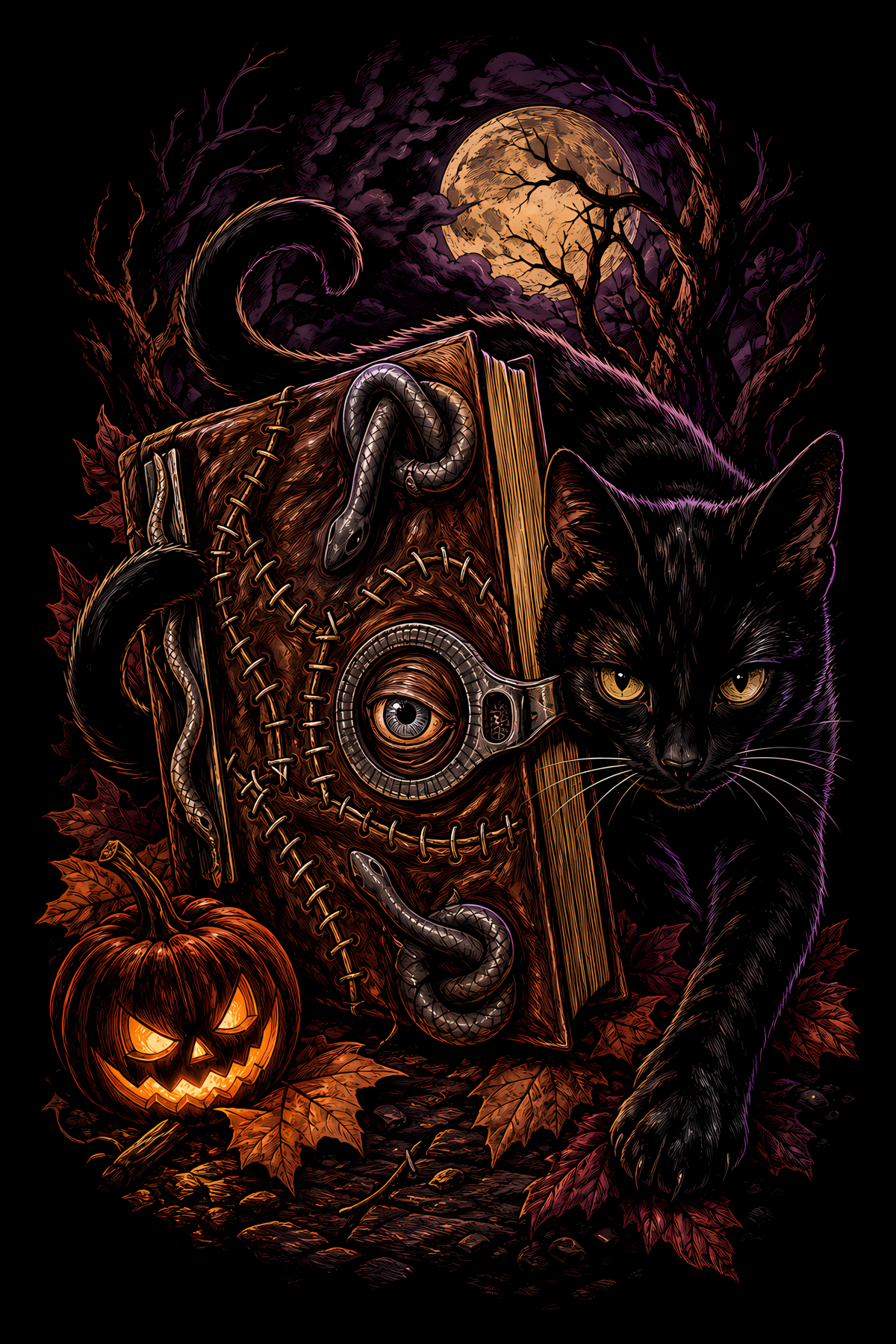 Halloween 057 - Black Cat and Spellbook - Halftone DTF Transfer - Prints best on darks