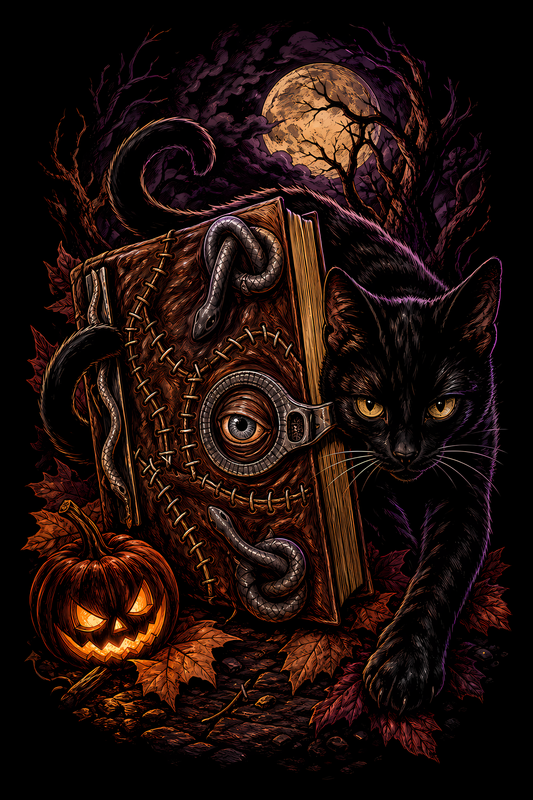 Halloween 057 - Black Cat and Spellbook - Halftone DTF Transfer - Prints best on darks