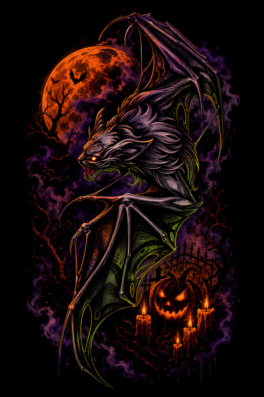 Halloween 058 - Vampire Bat at Full Moon - Halftone DTF Transfer - Prints best on darks