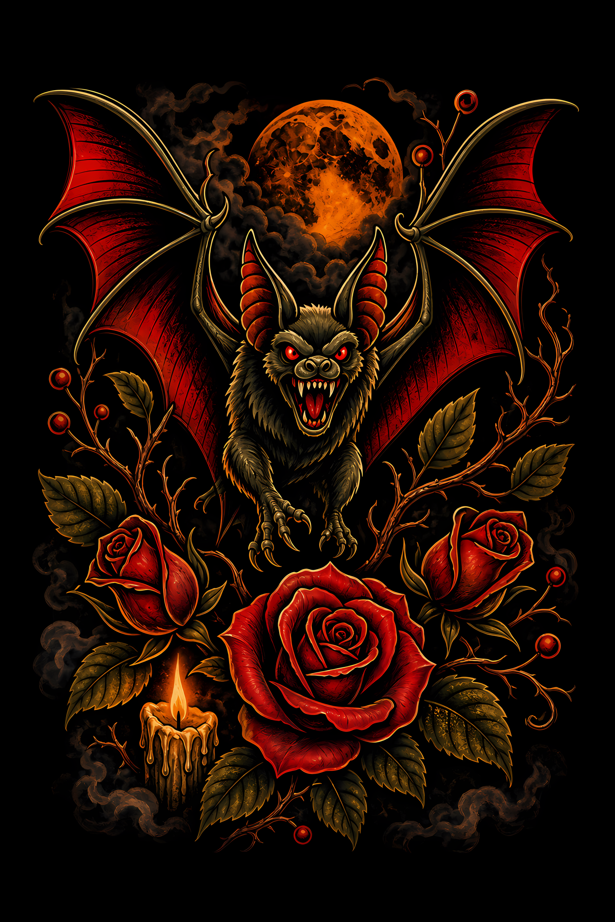 Halloween 059 - Vampire Bat and Red Roses - Halftone DTF Transfer - Prints best on darks
