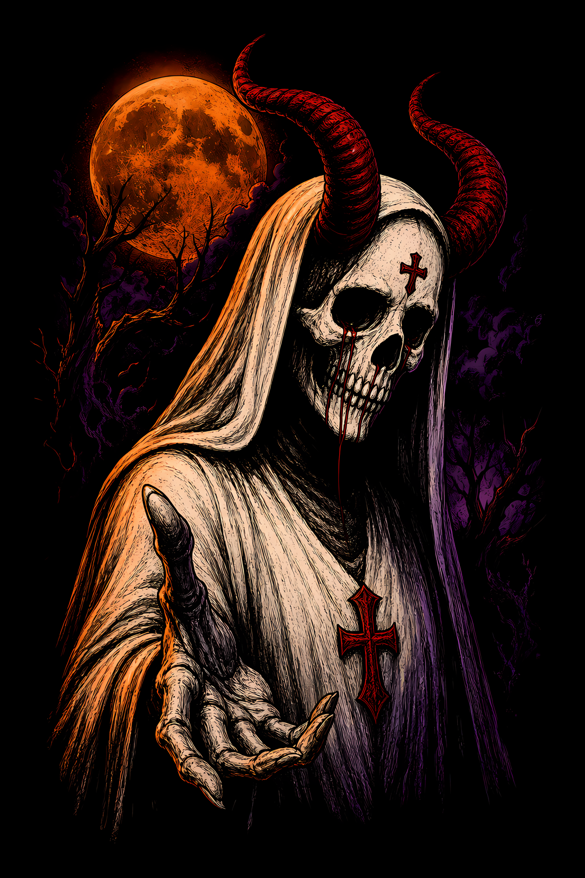 Halloween 060 - Horned Skeleton Nun - Halftone DTF Transfer - Prints best on darks