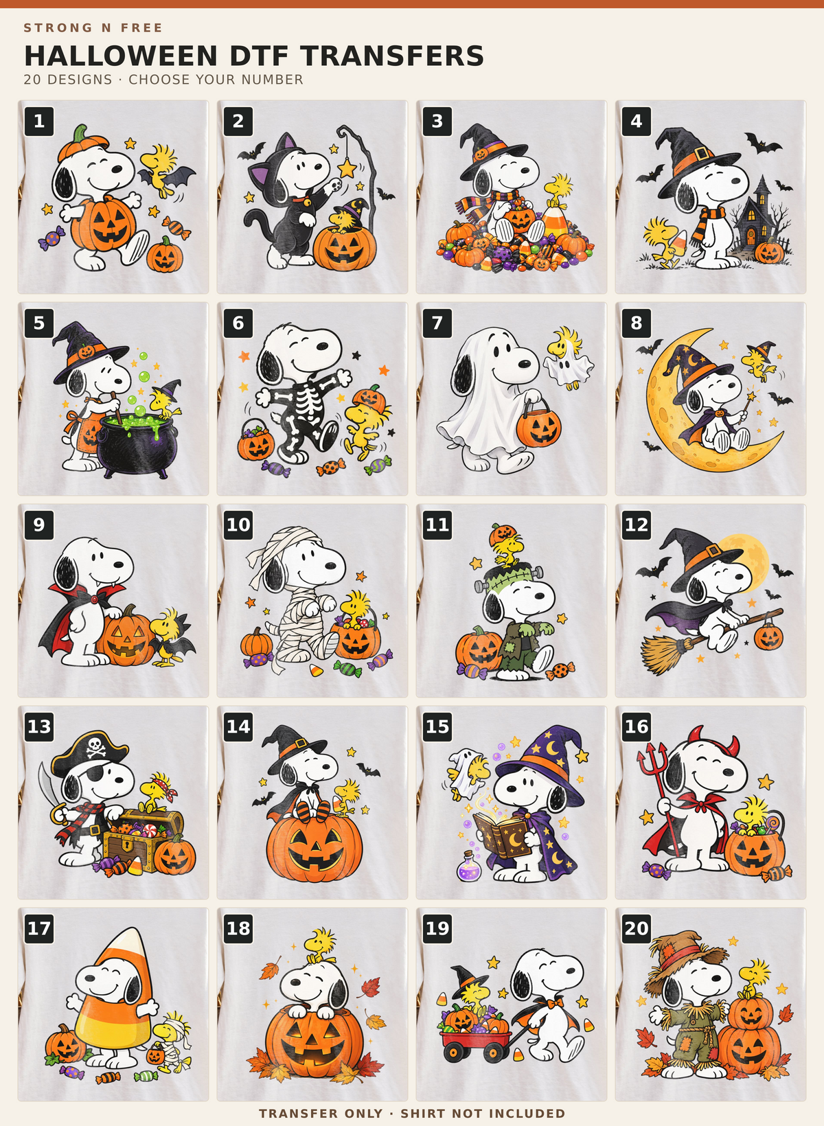 Halloween DTF Transfers – all 20 numbered design choices. Transfer only; shirt not included.