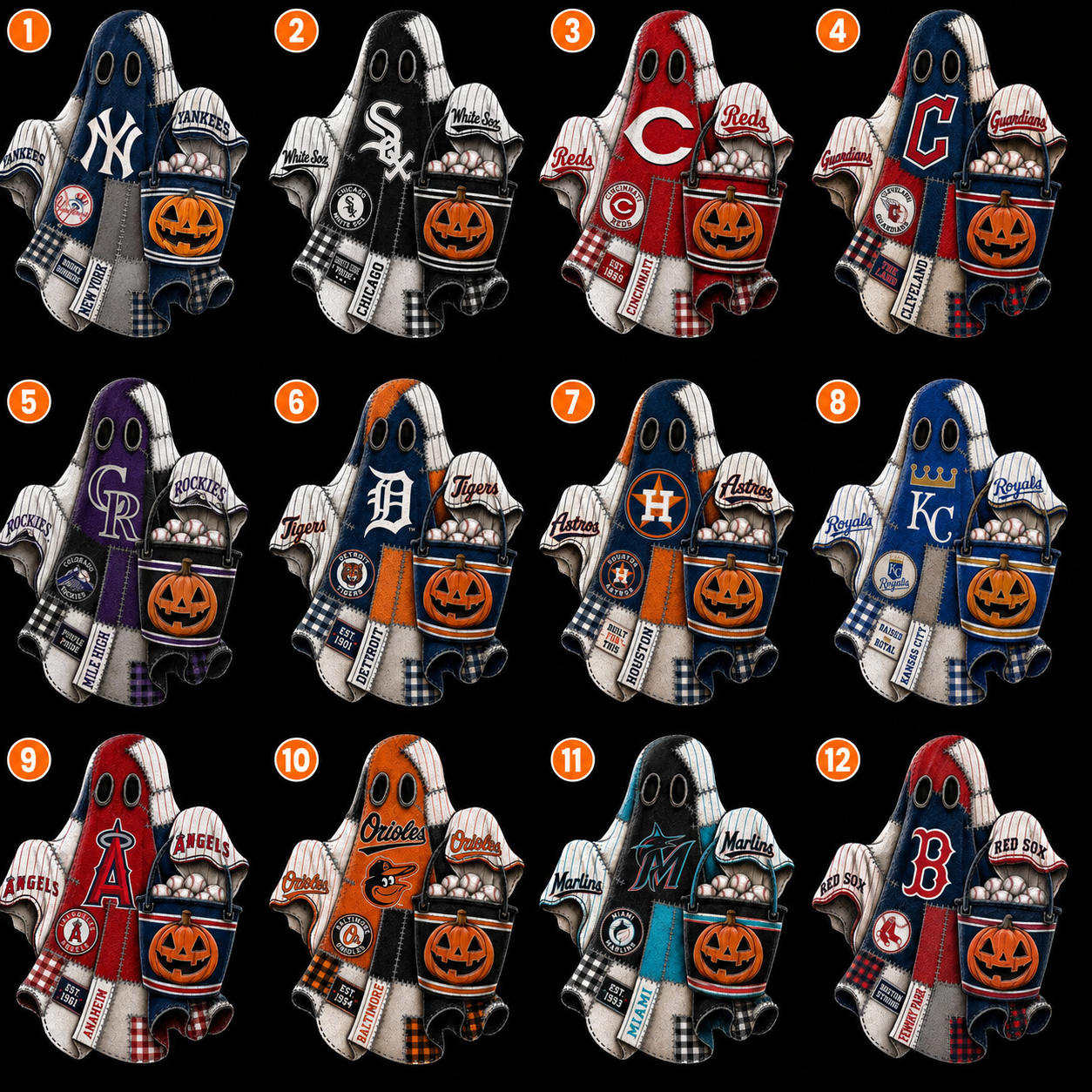 Halloween patchwork baseball ghost DTF transfer choices 1 through 12