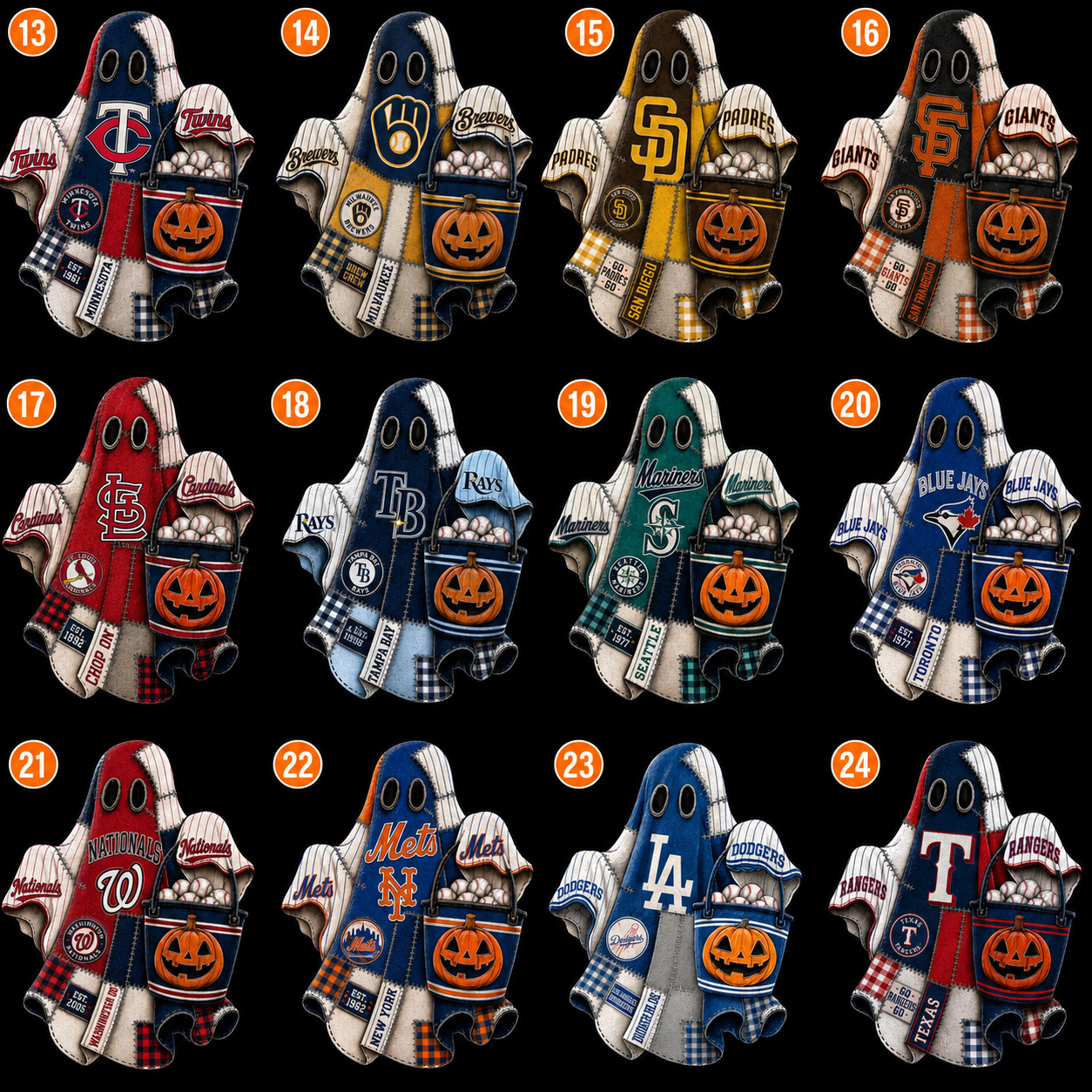Halloween patchwork baseball ghost DTF transfer choices 13 through 24