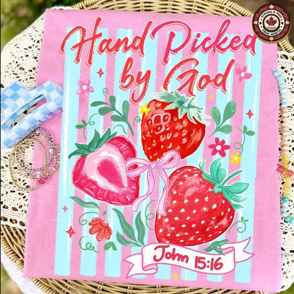 Hand Picked by God strawberry Christian DTF transfer design