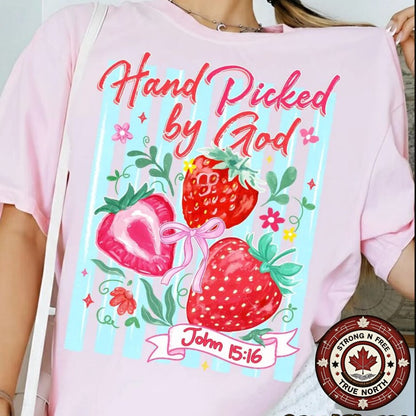 Strawberry Christian faith DTF transfer on pink shirt