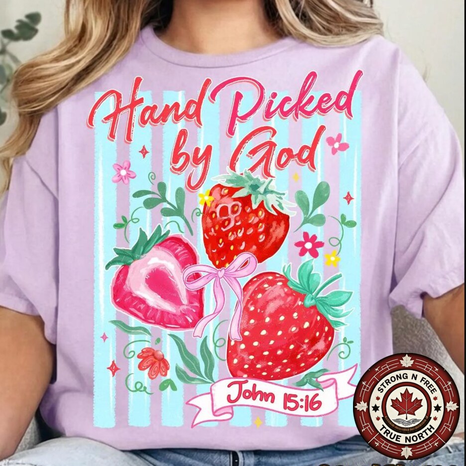 Colourful strawberry Bible verse DTF transfer apparel mockup