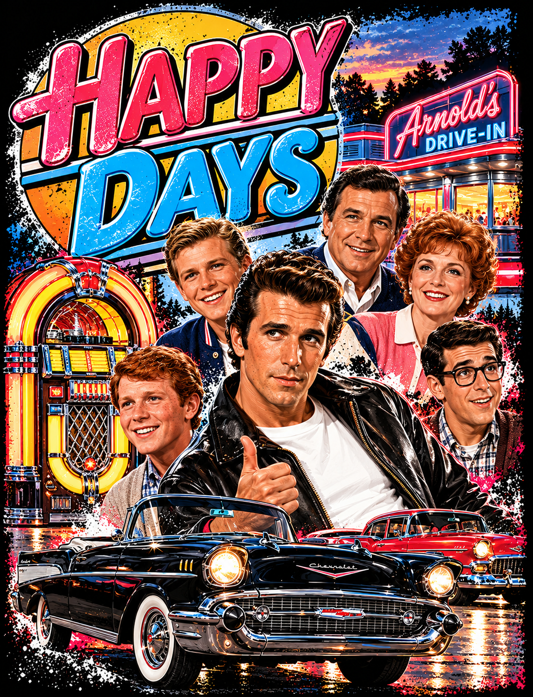 Happy Dayss Retro Diner Collage halftone DTF transfer for dark garments