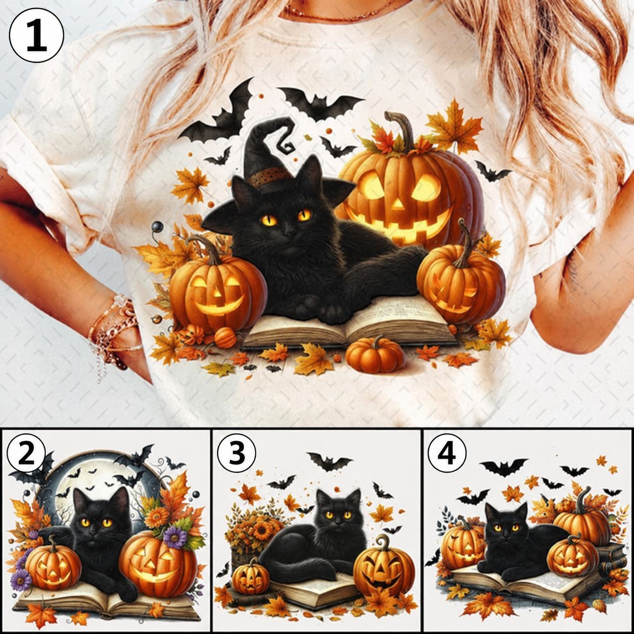 Black cat Halloween designs numbered 1 through 4