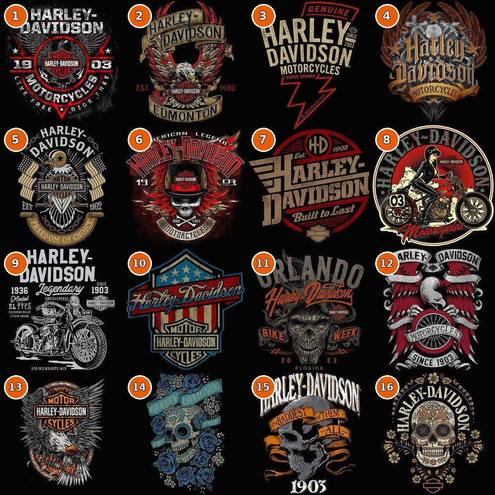HD biker and motorcycle DTF halftone transfer designs numbered 1 through 16
