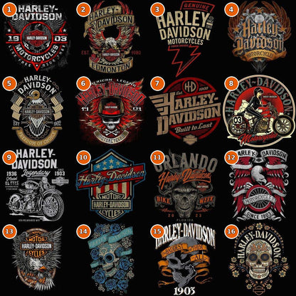 HD biker and motorcycle DTF halftone transfer designs numbered 1 through 16