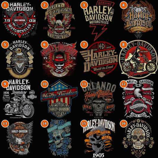 HD biker and motorcycle DTF halftone transfer designs numbered 1 through 16