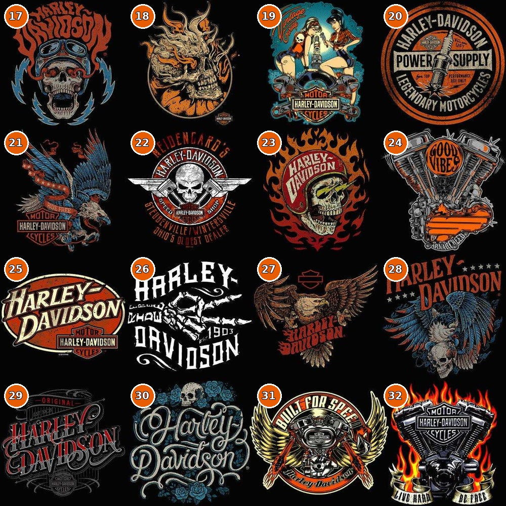 HD biker and motorcycle DTF halftone transfer designs numbered 17 through 32