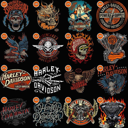 HD biker and motorcycle DTF halftone transfer designs numbered 17 through 32