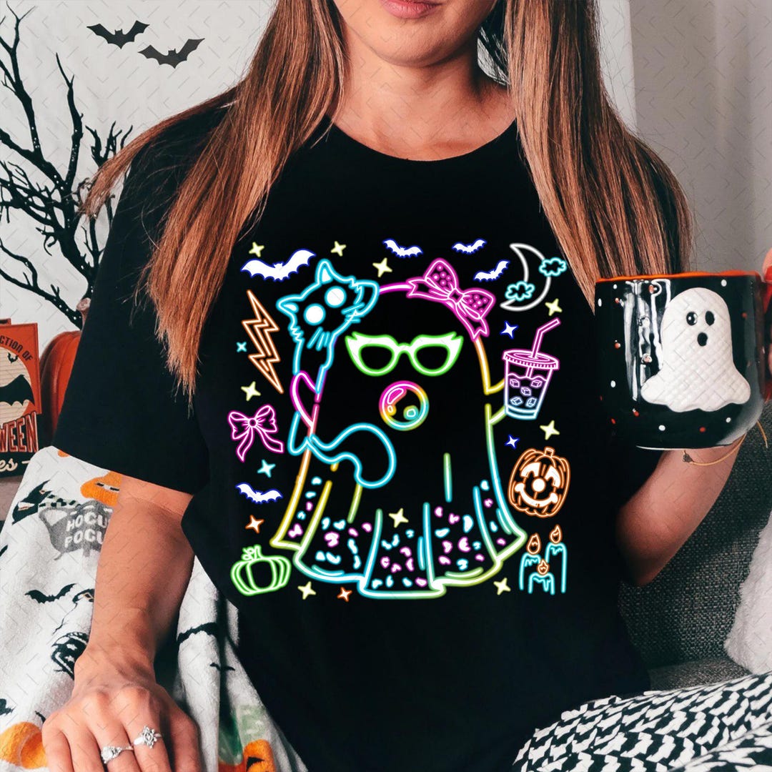 DTF Transfer – Cute Halloween Boo Ghost – Colorful Neon Boo Bow – Design 2