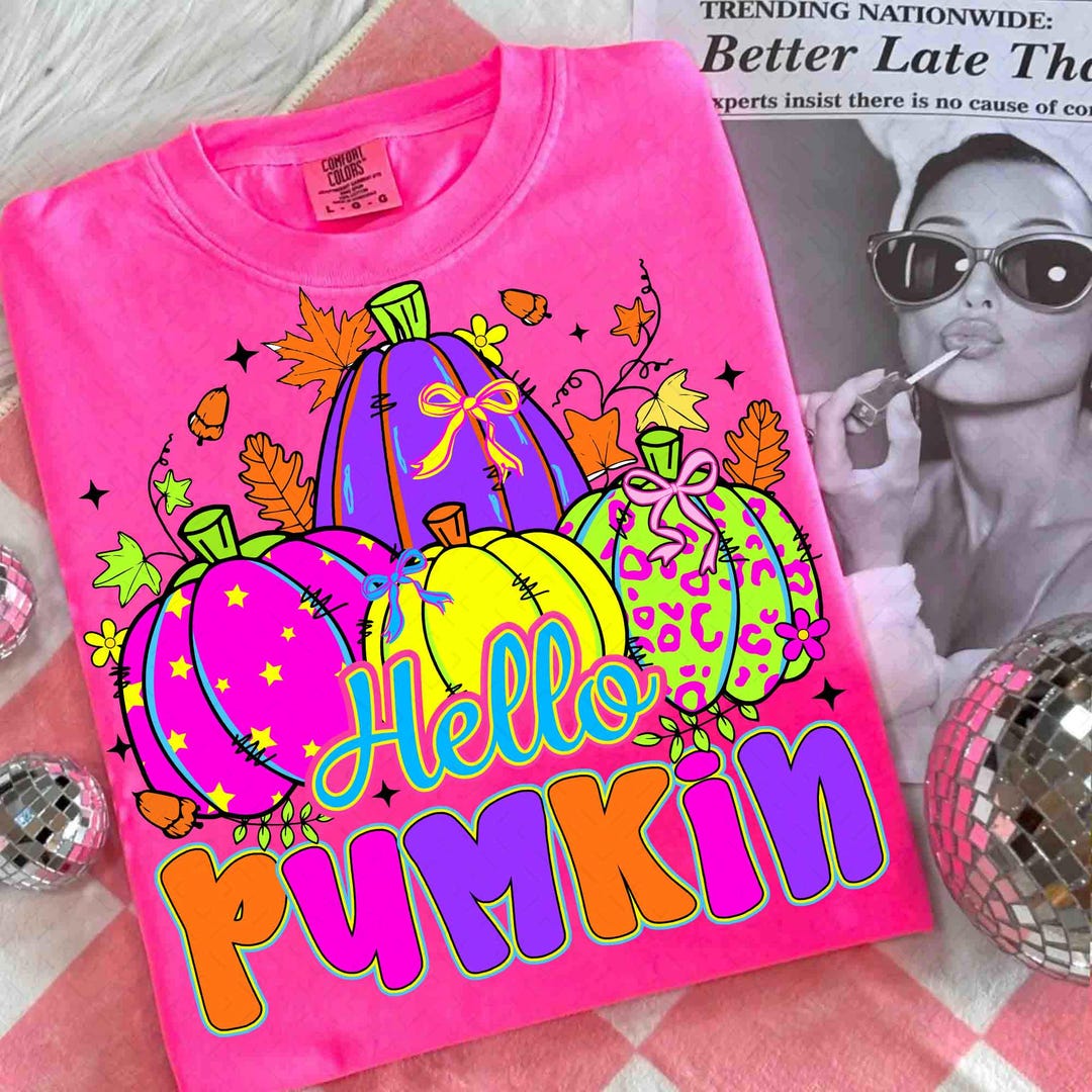DTF Transfer – Preppy Fall Thankful – Neon Hello Pumpkin