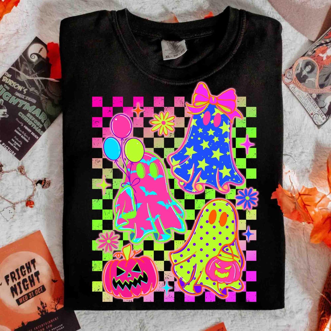 DTF Transfer – Checkered Neon Halloween Ghost