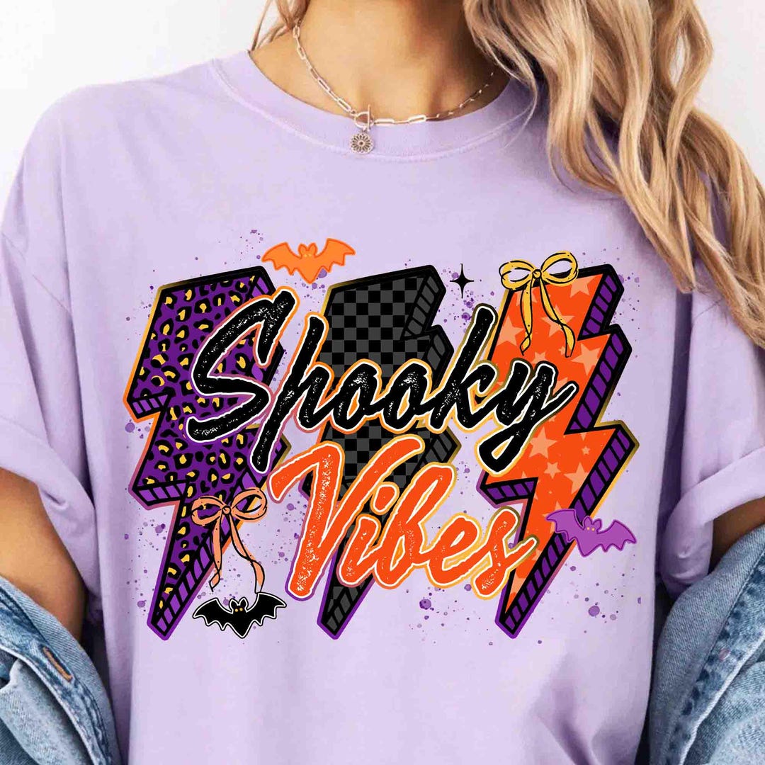 DTF Transfer – Preppy Spooky Vibes – Preppy Halloween Lightning Bolt Design