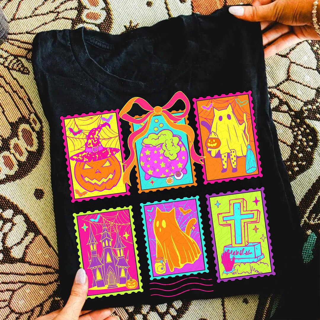 DTF Transfer – Neon Halloween Cat Ghost – Coquette Spooky Season