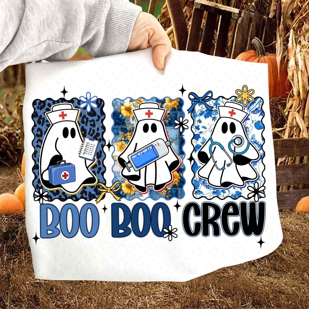 DTF Transfer – Blue Denim Ghost – Boo Boo Crew Halloween Nurse