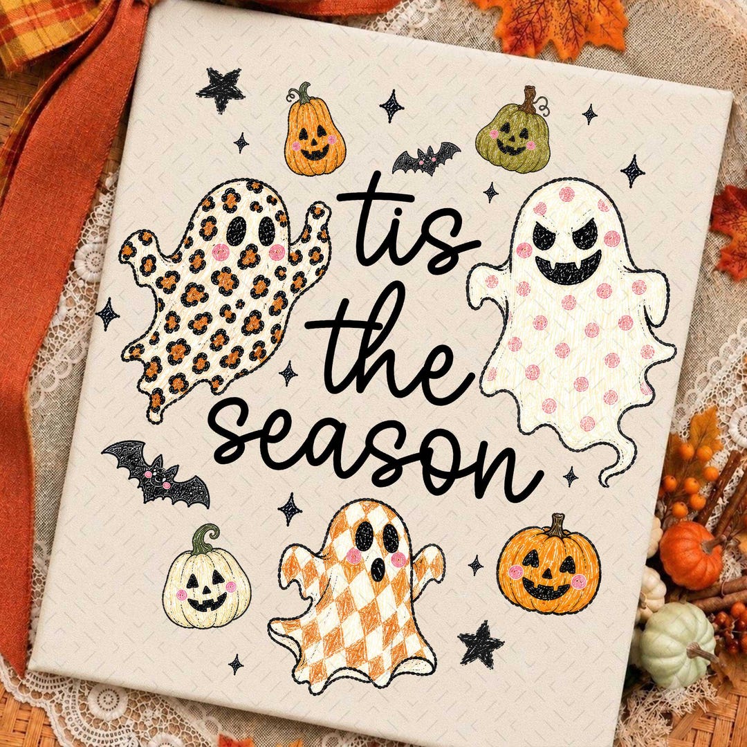 DTF Transfer – Tis The Season Ghost – Checkered Leopard Polka Dot Ghosts