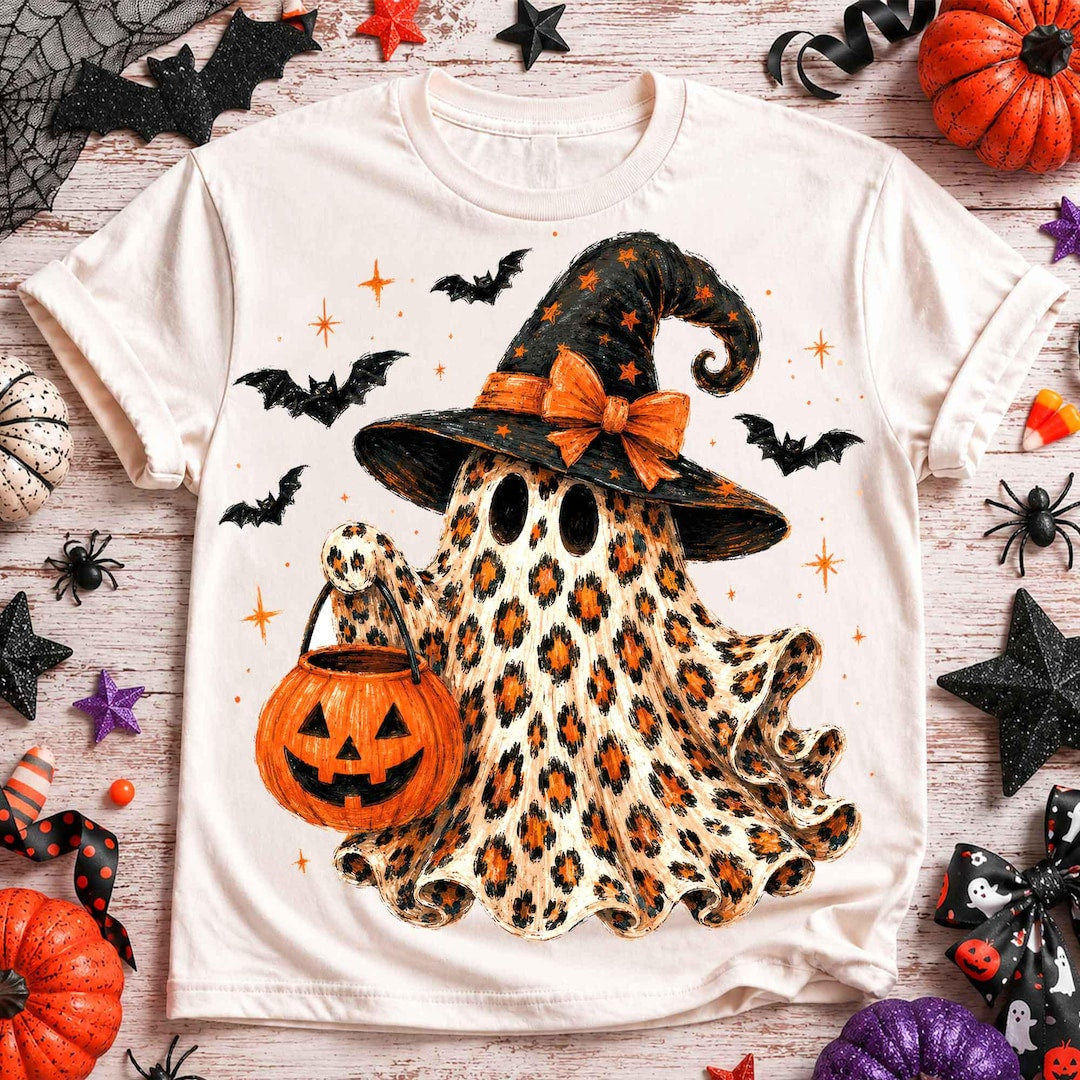 DTF Transfer – Coquette Leopard Ghost Cute Halloween Ghost Preppy Spooky Season Shirt Trendy Fall Instant Download
