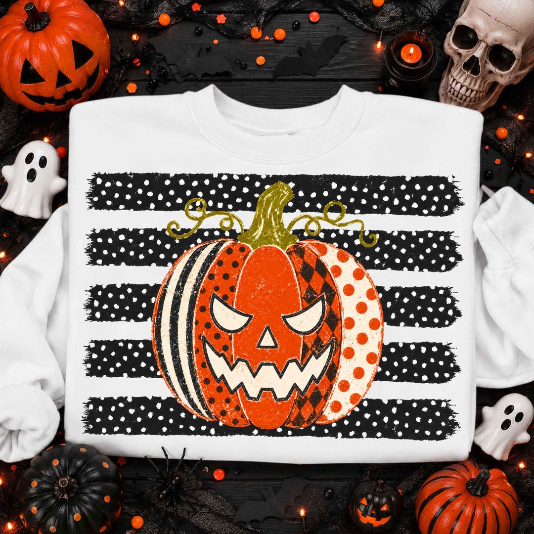 DTF Transfer – Pumpkin Polka Dot Stripes | Trendy Halloween Design ()