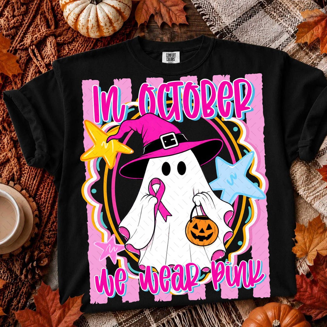 DTF Transfer – In October We Wear Pink – Pink Stripes Breast Cancer Ghost Pumpkin