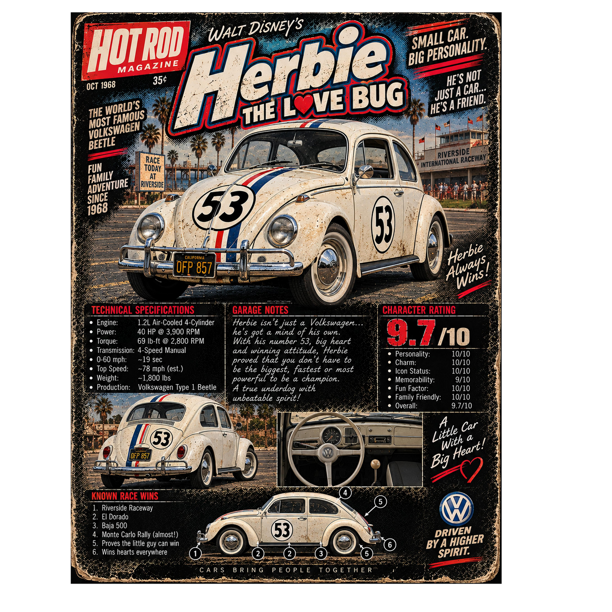 Herbie The Love Bug - Volkswagen Beetle - Vintage Magazine Cover - DTF transfer - Prints best on darks