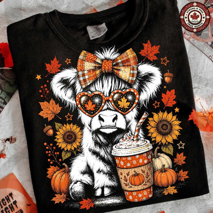 Retro Highland cow autumn DTF transfer on a black T-shirt