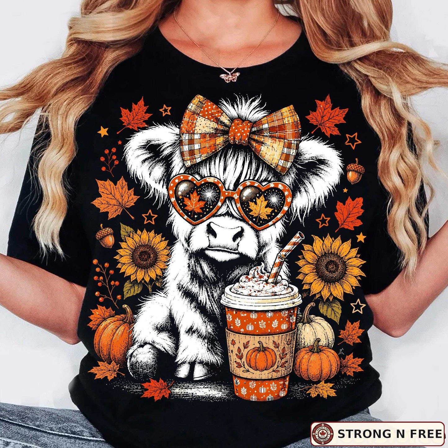 Retro Highland cow autumn DTF transfer on a black T-shirt mockup