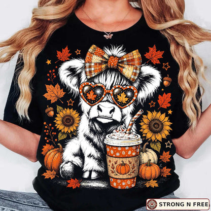 Retro Highland cow autumn DTF transfer on a black T-shirt mockup