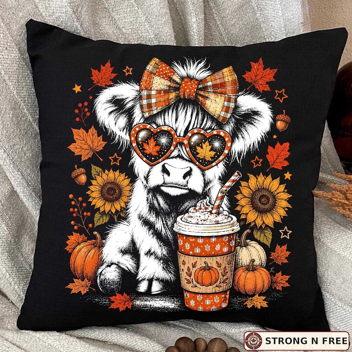 Retro Highland cow autumn DTF transfer on a black pillow mockup