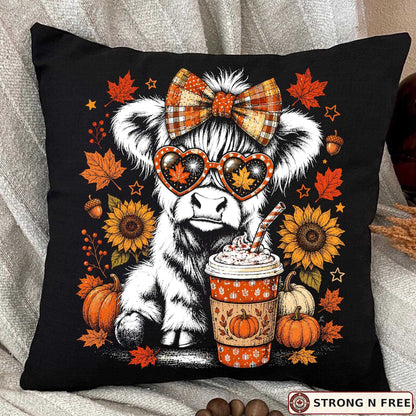 Retro Highland cow autumn DTF transfer on a black pillow mockup