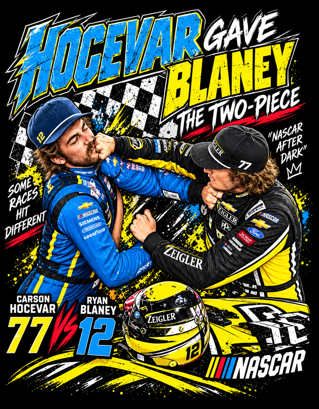 Hocevar vs Blaney The Two-Piece racing-themed DTF transfer artwork in blue, yellow, white and red on black
