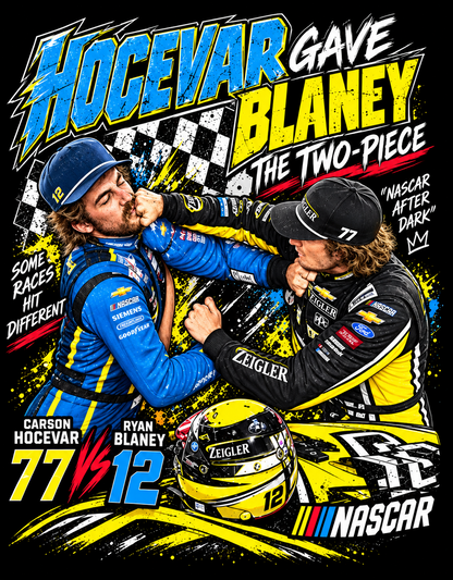 Hocevar vs Blaney The Two-Piece racing-themed DTF transfer artwork in blue, yellow, white and red on black