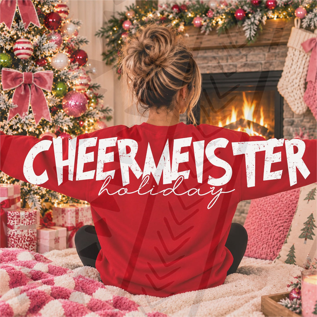 Holiday Cheermeister DTF transfer, 7 inches tall by 45 inches long, shown on a red sweatshirt; garment not included