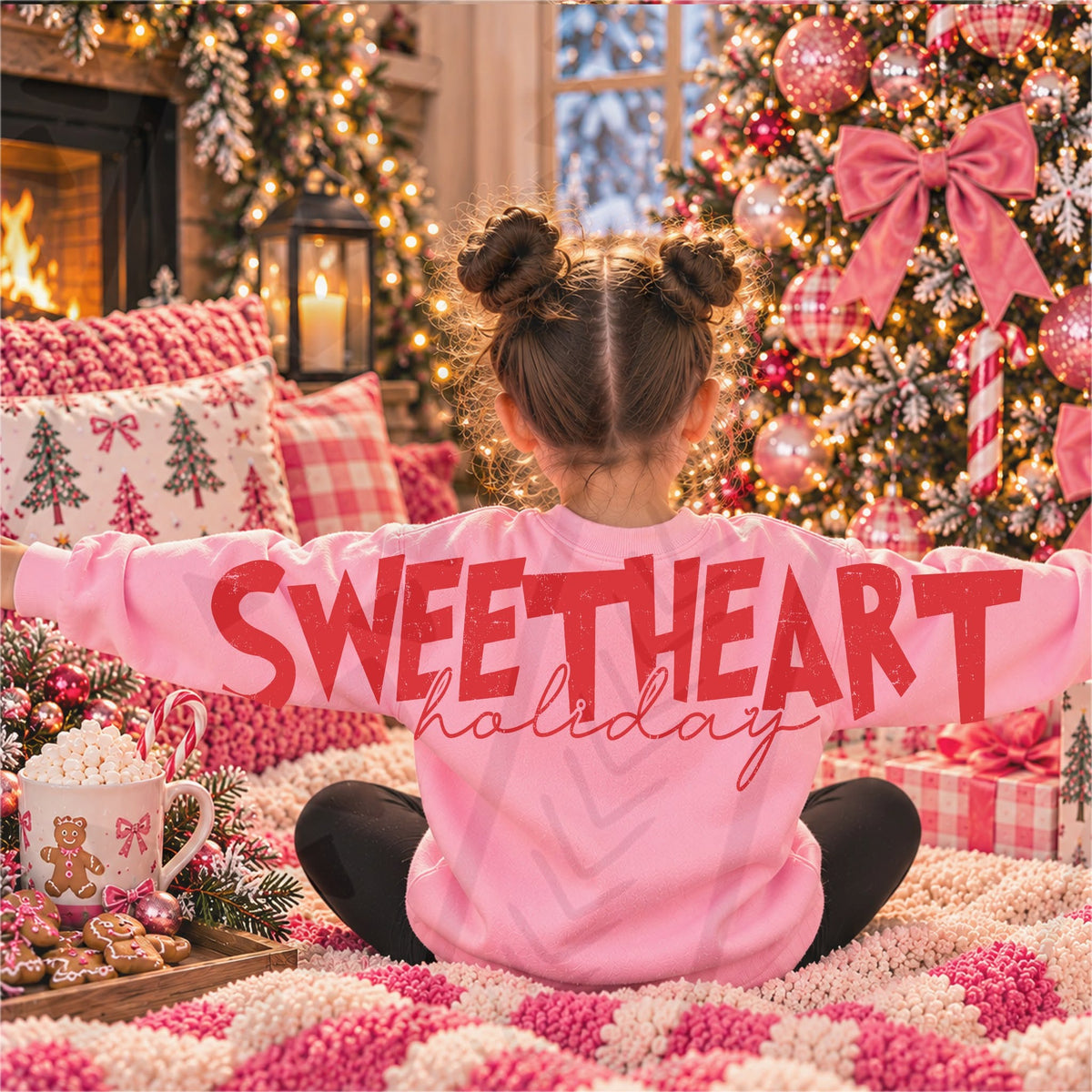 Holiday Sweetheart DTF transfer design in red, shown across the back and sleeves of a pink youth sweatshirt; garment not included.