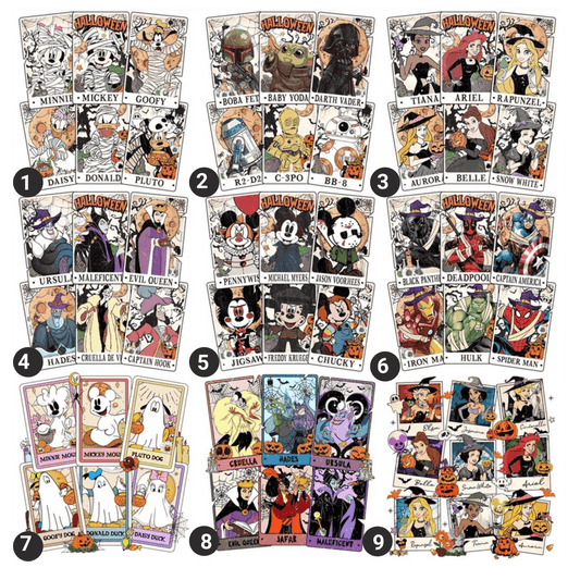 Collection of Halloween-themed trading cards featuring various characters and designs.