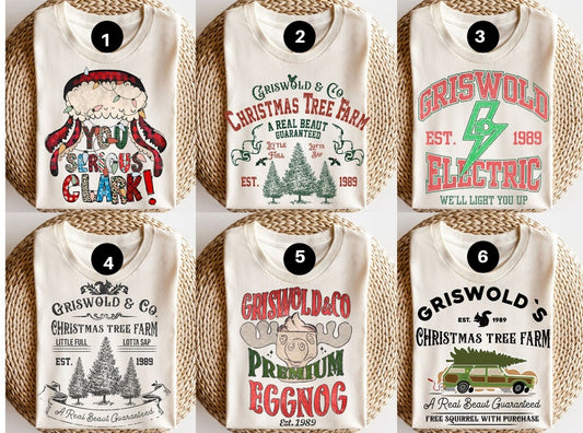 A collection of eight Christmas-themed DTF transfers for clothing, featuring various texts and graphics related to a Christmas vacation and tree farm.